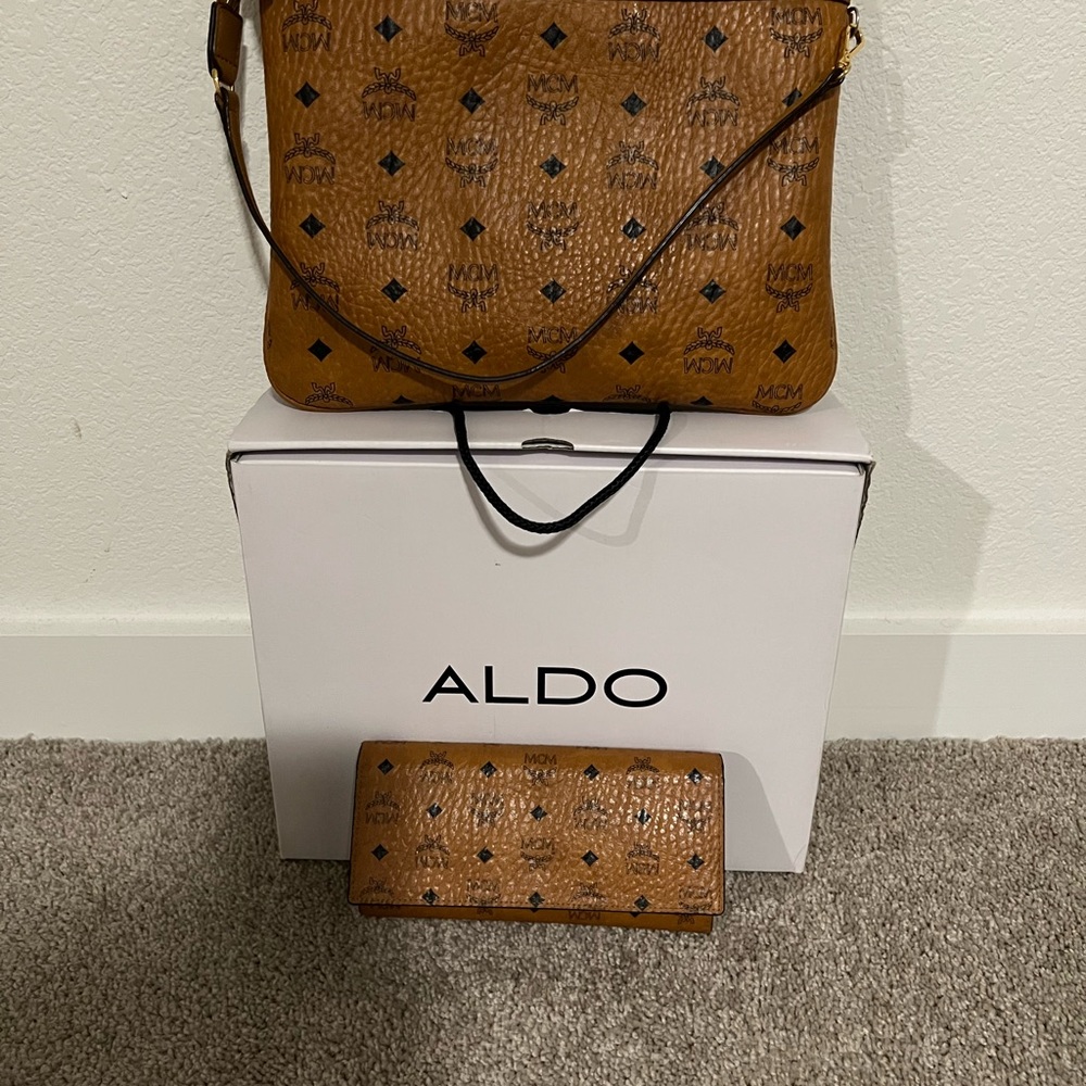 MCM Black and Tan Crossbody Bag with Monogram Design